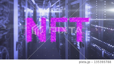 Displaying fuzzy neon pink holographic NFT letters in dim data center corridor, with blinking LEDs Displaying fuzzy neon pink holographic NFT letters in dim data center corridor, with blinking LEDs 135393788
