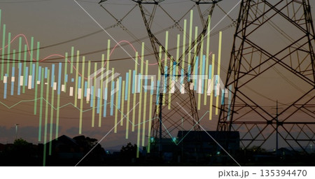 Stretching steel pylons and power cables across rural field at dusk, with chart bars overlaying Stretching steel pylons and power cables across rural field at dusk, with chart bars overlaying 135394470