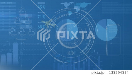 Circular HUD 3D globe visualization rotating in dashboard, with airplane icon and bar charts 135394554