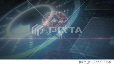 Stylized brain graphic projecting circuitry patterns on stem in hologram, with grid plane and arcs Stylized brain graphic projecting circuitry patterns on stem in hologram, with grid plane and arcs 135394590