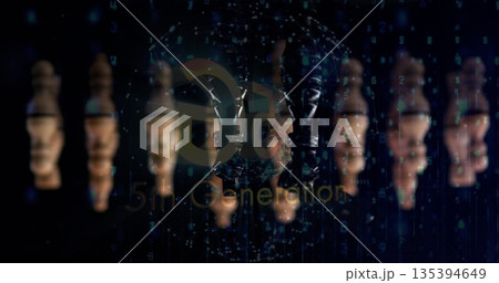 5G 5th Gen logo floating over wireframe globe in cyberspace, green binary streams, blurred faces 135394649