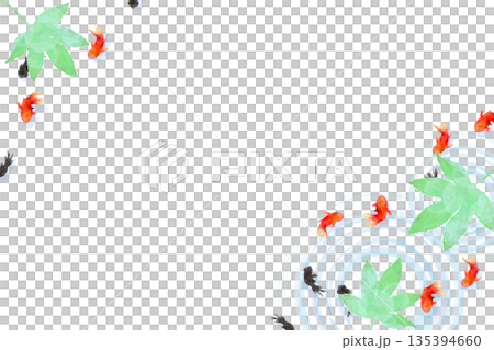 A minimalist Japanese-style illustration of goldfish, leaves, and ripples on the water surface seen from above A minimalist Japanese-style illustration of goldfish, leaves, and ripples on the water surface seen from above 135394660