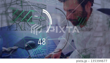 Bearded analyst analyzing hologram maps and diagrams on glass panels in control room, copy space Bearded analyst analyzing hologram maps and diagrams on glass panels in control room, copy space 135394677