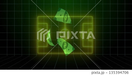 Floating neon yellow soccer pitch outline in digital grid space, with drifting green dollar bills Floating neon yellow soccer pitch outline in digital grid space, with drifting green dollar bills 135394706