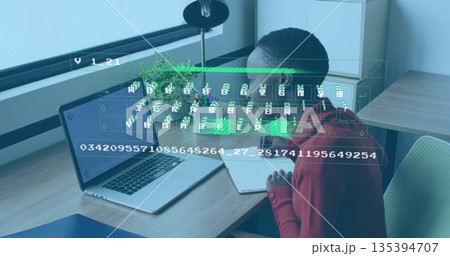 Typing woman wearing red shirt using laptop with green overlay at home office desk, copy space Typing woman wearing red shirt using laptop with green overlay at home office desk, copy space 135394707