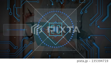 Student holding laptop and tapping pen at mouth in tech lab, with interface icon, circuit traces Student holding laptop and tapping pen at mouth in tech lab, with interface icon, circuit traces 135394719