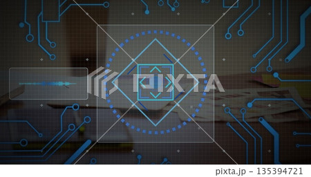 Hovering interface panel above wooden desk in office, showing diamond reticle and waveform Hovering interface panel above wooden desk in office, showing diamond reticle and waveform 135394721