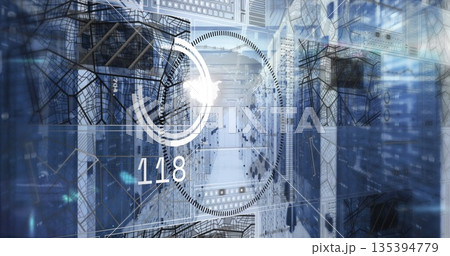 Displaying circular HUD gauge and numeric readout hovering over urban street with wireframe overlay Displaying circular HUD gauge and numeric readout hovering over urban street with wireframe overlay 135394779