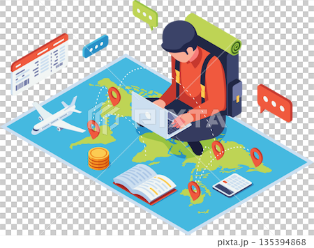Isometric Traveler Planning Trip with Laptop on World Map 135394868