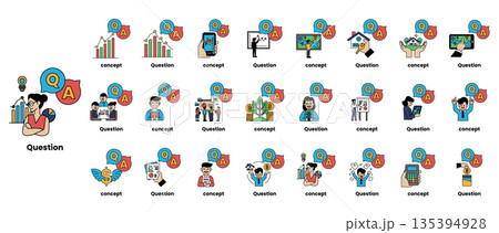 set of illustrations depicting question marks and various objects in a line art style 135394928