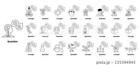 set of illustrations depicting question marks and various objects in a line art style 135394943