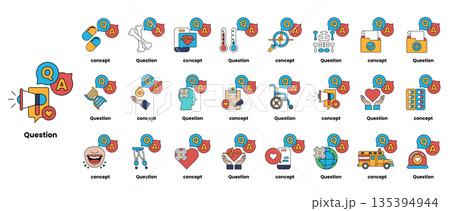 set of illustrations depicting question marks and various objects in a line art style 135394944