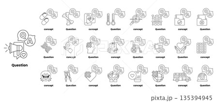 set of illustrations depicting question marks and various objects in a line art style 135394945