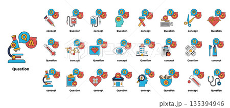 set of illustrations depicting question marks and various objects in a line art style 135394946
