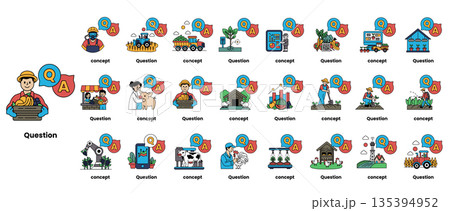 set of illustrations depicting question marks and various objects in a line art style 135394952