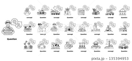 set of illustrations depicting question marks and various objects in a line art style 135394953
