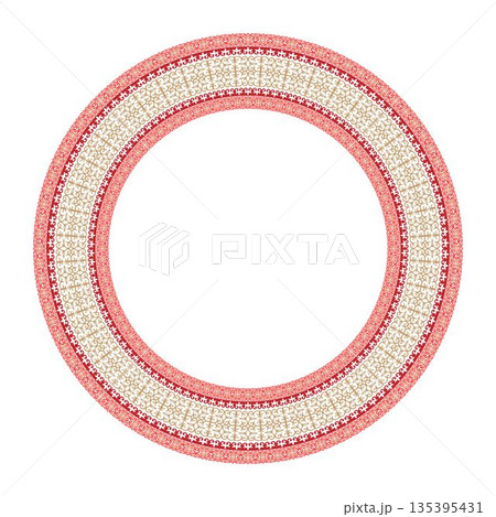 Ornate circular frame design in red and gold, featuring layered ethnic patterns with flowing scrolls, perfect for certificates or decorative backgrounds, round surfaces, household utensils, textiles, Ornate circular frame design in red and gold, featuring layered ethnic patterns with flowing scrolls, perfect for certificates or decorative backgrounds, round surfaces, household utensils, textiles, 135395431