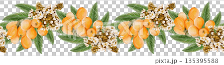 A border of medlar flowers and fruits. Orange round fruits on branches. Small white inflorescences and buds, green exotic leaves. A decorative pattern. Watercolor illustration. Hand-drawn. . High 135395588