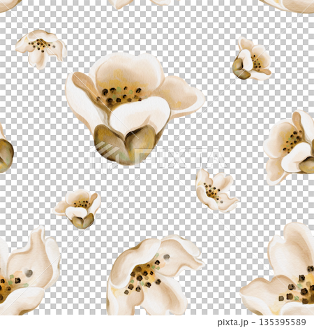 Pattern with small flowers. Vintage retro style. Brown and white colors. Buds with delicate petals and stamens. Watercolor illustration. Hand-drawn. No background. High quality illustration 135395589