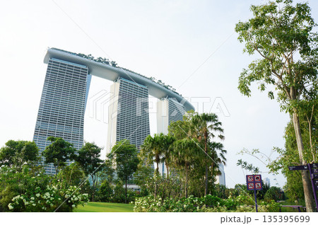 木々に囲まれたシンガポールで有名な高級ホテルを見上げた様子 木々に囲まれたシンガポールで有名な高級ホテルを見上げた様子 135395699