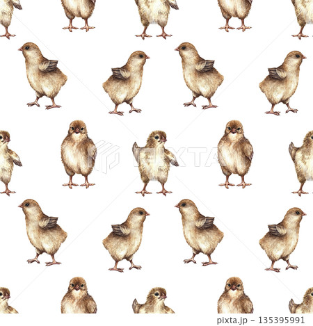 Seamless pattern with cute little chickens. Hand-drawn watercolor illustration. Perfect for farm projects, Easter, textiles, packaging and labels, wallpaper, and more 135395991