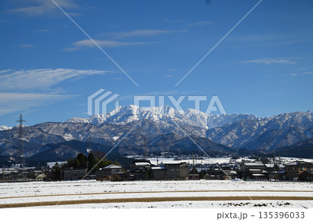 晴天にそびえる雪の毛勝三山 135396033