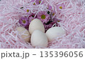 White Easter Eggs in Pink Nest with Flowers 135396056