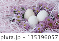 White Easter Eggs in Pink Nest with Flowers 135396057