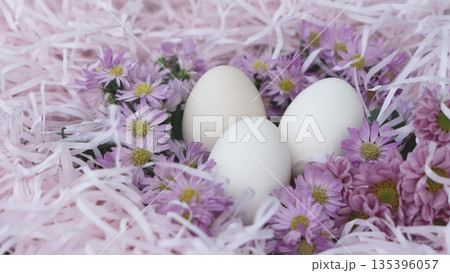 White Easter Eggs in Pink Nest with Flowers White Easter Eggs in Pink Nest with Flowers 135396057