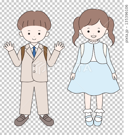 入学式にフォーマルな服装をしたかわいい子供達のベクターイラスト。男の子、女の子、小学生 135396106