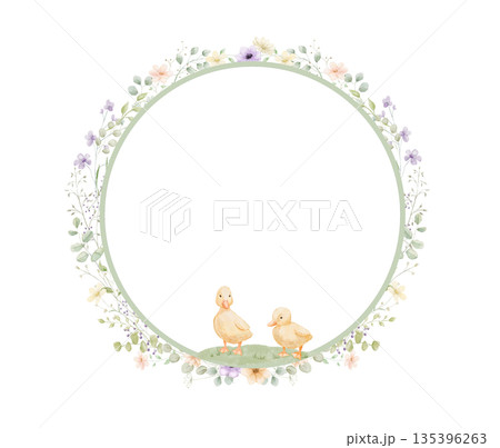 Watercolour wreath with spring flowers and cute duckling. Floral frame isolated on white background for Easter design 135396263