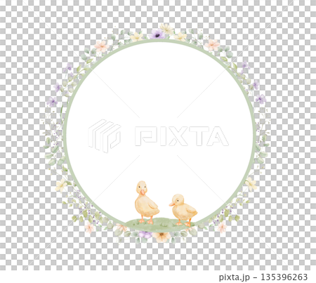 Watercolour wreath with spring flowers and cute duckling. Floral frame isolated on white background for Easter design 135396263