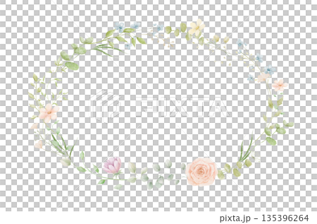 Watercolour wreath with spring flowers, rose and eucalyptus leaves. Floral frame isolated on white background 135396264