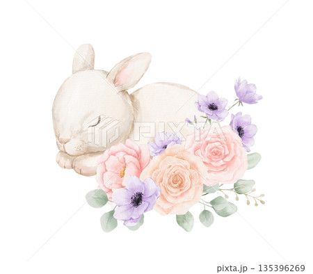 Watercolor cute sleeping bunny with spring flowers. Hand drawn isolated illustration for card and poster 135396269
