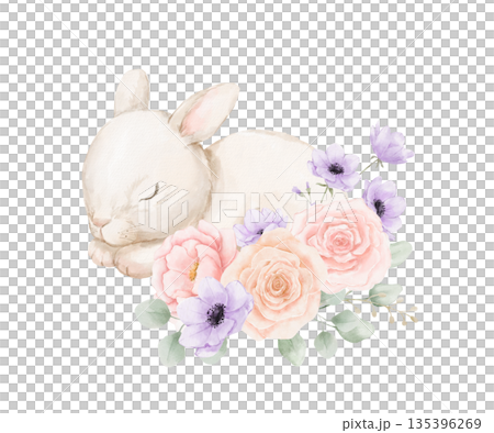 Watercolor cute sleeping bunny with spring flowers. Hand drawn isolated illustration for card and poster 135396269