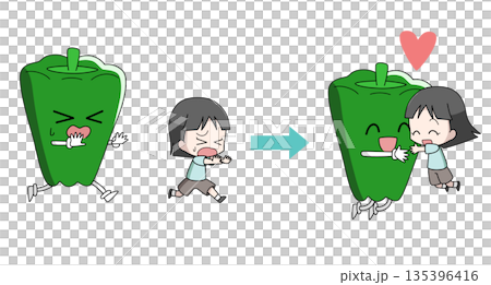 Illustration of a girl overcoming her dislike of vegetables Illustration of a girl overcoming her dislike of vegetables 135396416