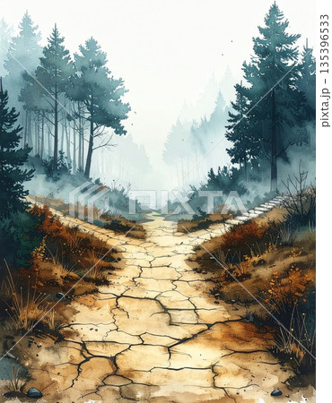 ルノルマンカード「道」霧に包まれた分かれ道と迷いを象徴する水彩画イラスト3／チラシやポスター用素材 135396533