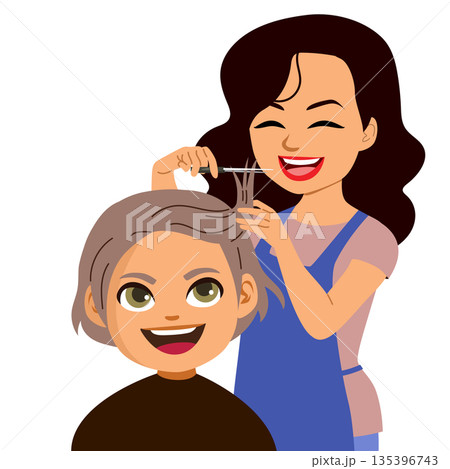 Cute Hairdresser Cutting Boy's Fringe Cartoon Illustration 135396743