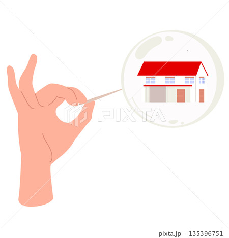 Hand Bursting Real Estate Bubble Cartoon Vector Illustration with House Inside Hand Bursting Real Estate Bubble Cartoon Vector Illustration with House Inside 135396751