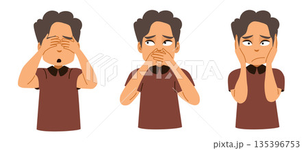 Young Man Set Performing See No Evil, Hear No Evil, Speak No Evil Cartoon Vector Illustration 135396753