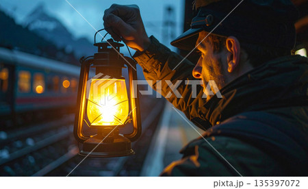 Side View of Stationmaster Signaling Train Departure with Lantern at Night 135397072