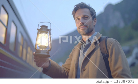 Stationmaster Holding Oil Lantern Signaling Train Departure at Dusk in Mountains Stationmaster Holding Oil Lantern Signaling Train Departure at Dusk in Mountains 135397073