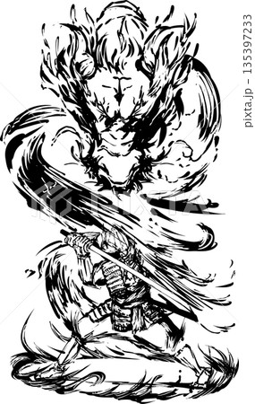 侍と龍の墨絵イラスト 135397233