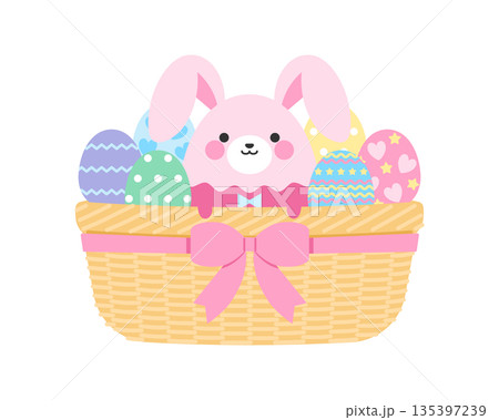 籠バスケットに入ったウサギと卵のイースターイラスト 籠バスケットに入ったウサギと卵のイースターイラスト 135397239