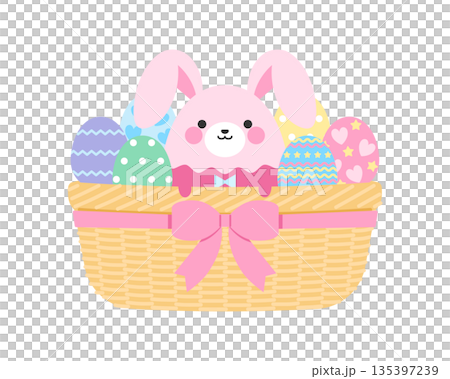 Easter illustration of a rabbit and eggs in a basket 135397239