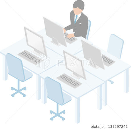 アイソメトリックなオフィスデスクと働くビジネスマン　コワーキングスペースと効率的な仕事のイメージ 135397241