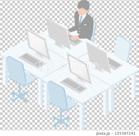アイソメトリックなオフィスデスクと働くビジネスマン　コワーキングスペースと効率的な仕事のイメージ 135397241