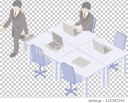 アイソメトリックなオフィスデスクと働くビジネスマン　コワーキングスペースと効率的な仕事のイメージ 135397243
