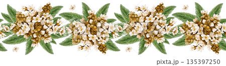A border of small white flowers. Medlar inflorescences. Brown buds. Green torpic leaves. Spring ribbon decor. Watercolor illustration, hand-drawn. Isolated from the background. High quality 135397250