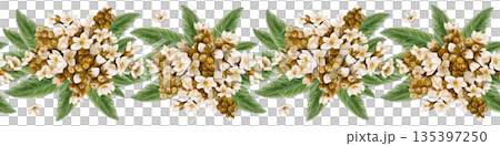 A border of small white flowers. Medlar inflorescences. Brown buds. Green torpic leaves. Spring ribbon decor. Watercolor illustration, hand-drawn. Isolated from the background. High quality 135397250